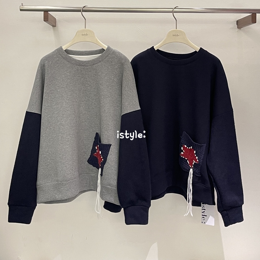 2025秋冬istyle韩版毛织口袋设计加绒宽松上衣长袖圆领百搭卫衣女