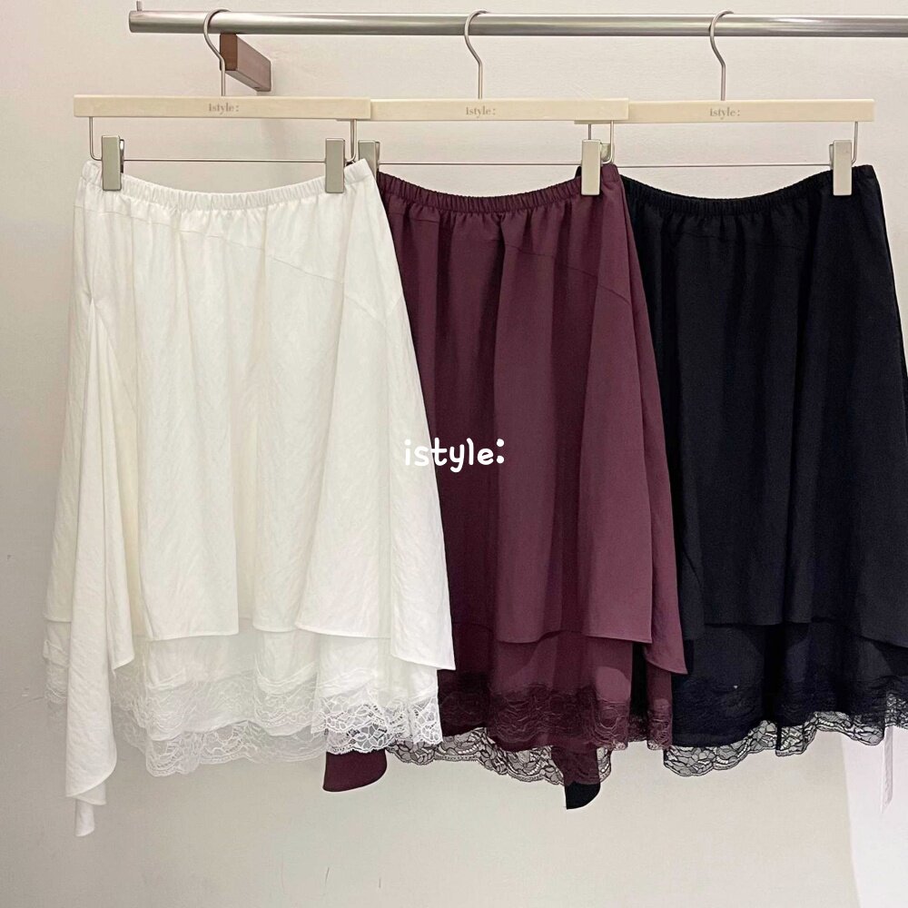 韩国istyle春季2026新款不规则双层蕾丝拼接半身裙法式气质中裙女