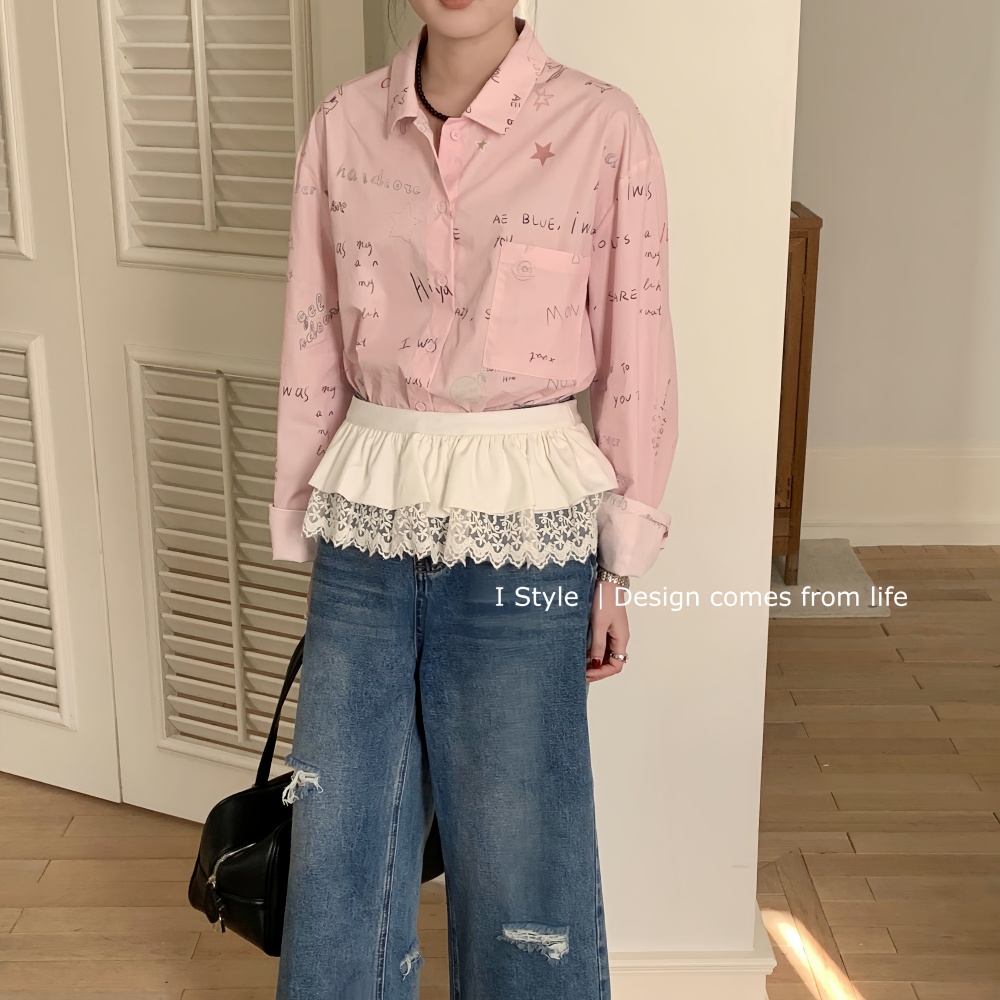 istyle春装新款韩版字母印花长袖粉色衬衫女宽松小众洋气衬衣潮