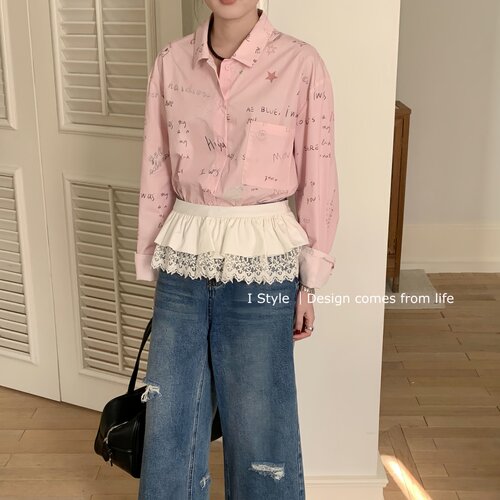 istyle春装新款韩版字母印花长袖粉色衬衫女宽松小众洋气衬衣潮