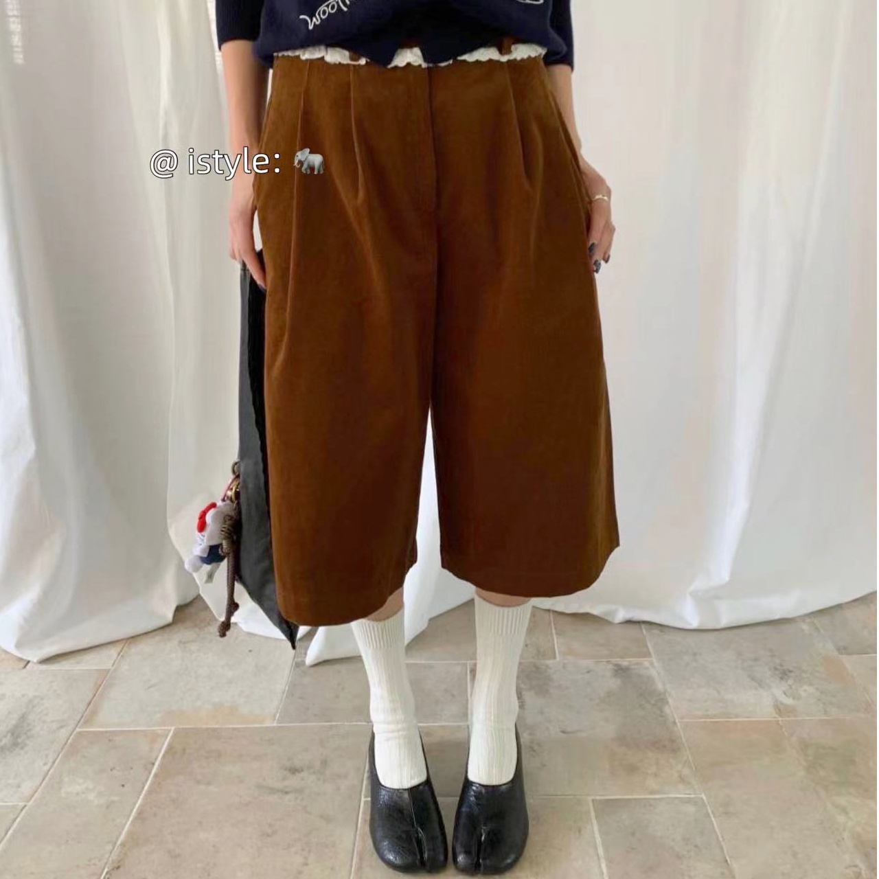 韩版istyle春秋2025蕾丝花边拼接高腰气质灯芯绒阔腿休闲七分裤女