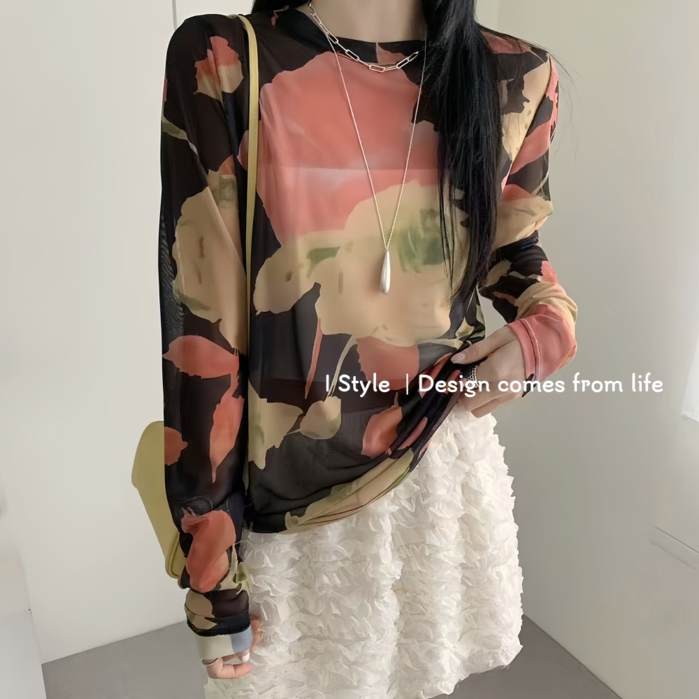 韩版istyle春夏2025新款冰丝网纱防晒衫复古花色气质微透薄款T恤