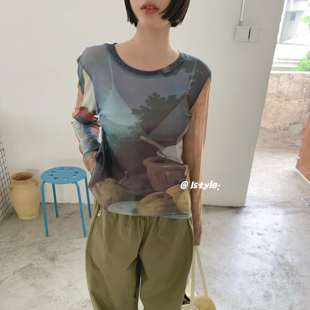 2026韩版istyle春夏新款蔬果印花复古冰丝网纱防晒衫薄款透视T恤