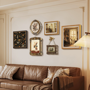 法式中古风客厅组合挂画餐厅装饰画美式复古沙发背景墙玄关壁画