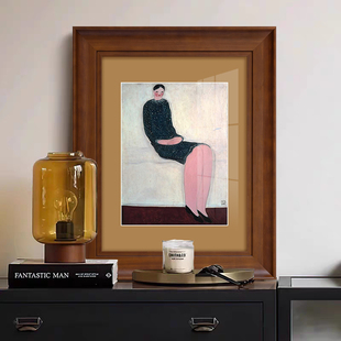 法式中古风玄关装饰画常玉端坐仕女北欧复古餐厅卧室挂画客厅壁画