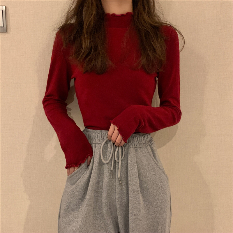 酒红色打底衫女半高领修身