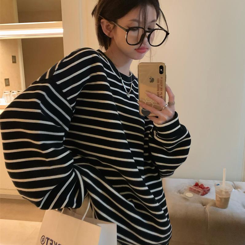 现货实拍实价 冬季外穿加绒加厚圆领条纹宽松卫衣