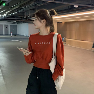 收腰上衣春秋冬2025新款 卫衣女高腰加绒薄款 圆领宽松红色 短款 美式