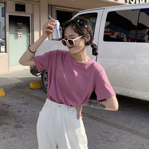 树莓粉t恤女短袖夏天宽松纯色上衣夏季正肩纯棉白色粉色2025新款