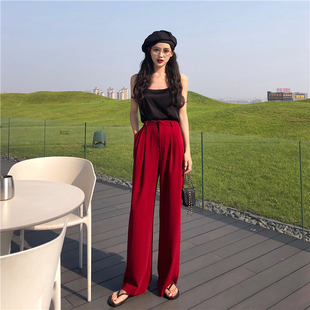 酒红色坠感阔腿裤女高腰宽松直筒西装裤纯色显瘦休闲拖地长裤春秋