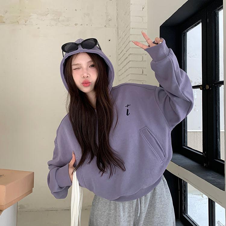 紫色连帽短款卫衣女刺绣春秋冬加厚外套香芋紫2024新款小个子宽松