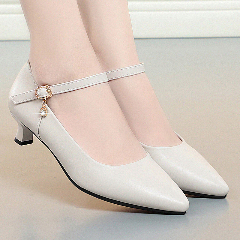 工作鞋女黑色公务员面试正装软底软面舒适空姐中跟一字扣单鞋女鞋