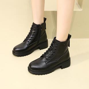 冬季粗跟英伦风马丁靴女新款冬季加绒靴子显脚小厚底增高短靴皮鞋