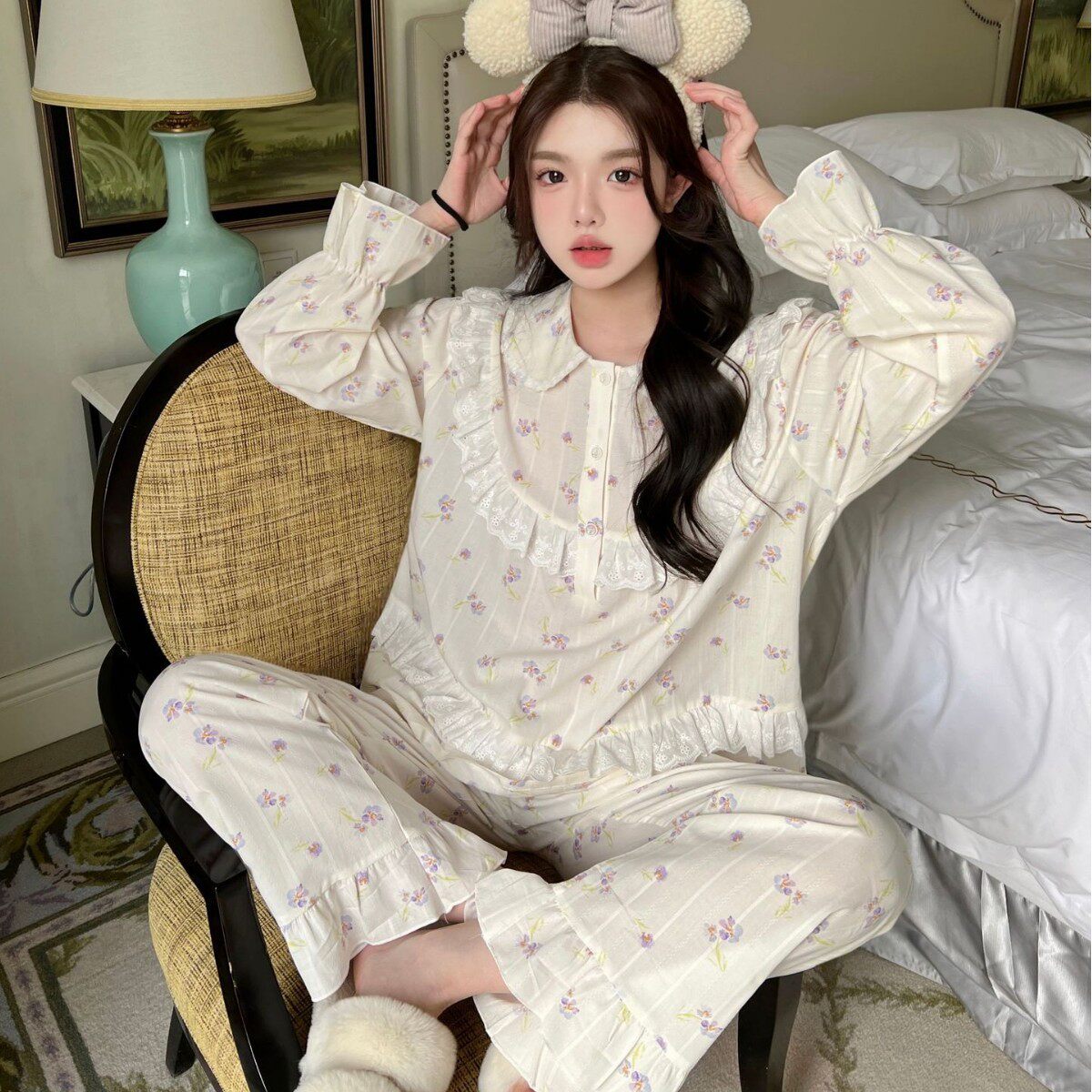 春秋季薄款全棉睡衣女圆领长袖花边甜美少女ins风家居服夏可外穿