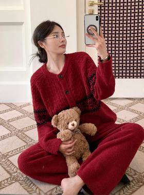 亲子系列CaCa开衫系扣半边绒睡衣女秋冬加厚保暖软绵绵家居服套装