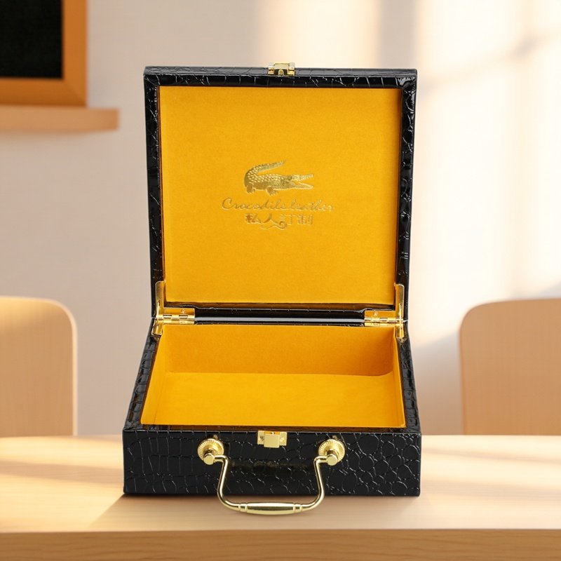 现货高档皮带包装盒鳄鱼纹PU礼品木盒黑色皮具私人订制腰带翻盖盒
