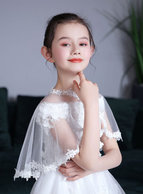 2021年春夏季儿童纱披肩花童礼服配饰品小孩子外搭斗篷钻扣白红色