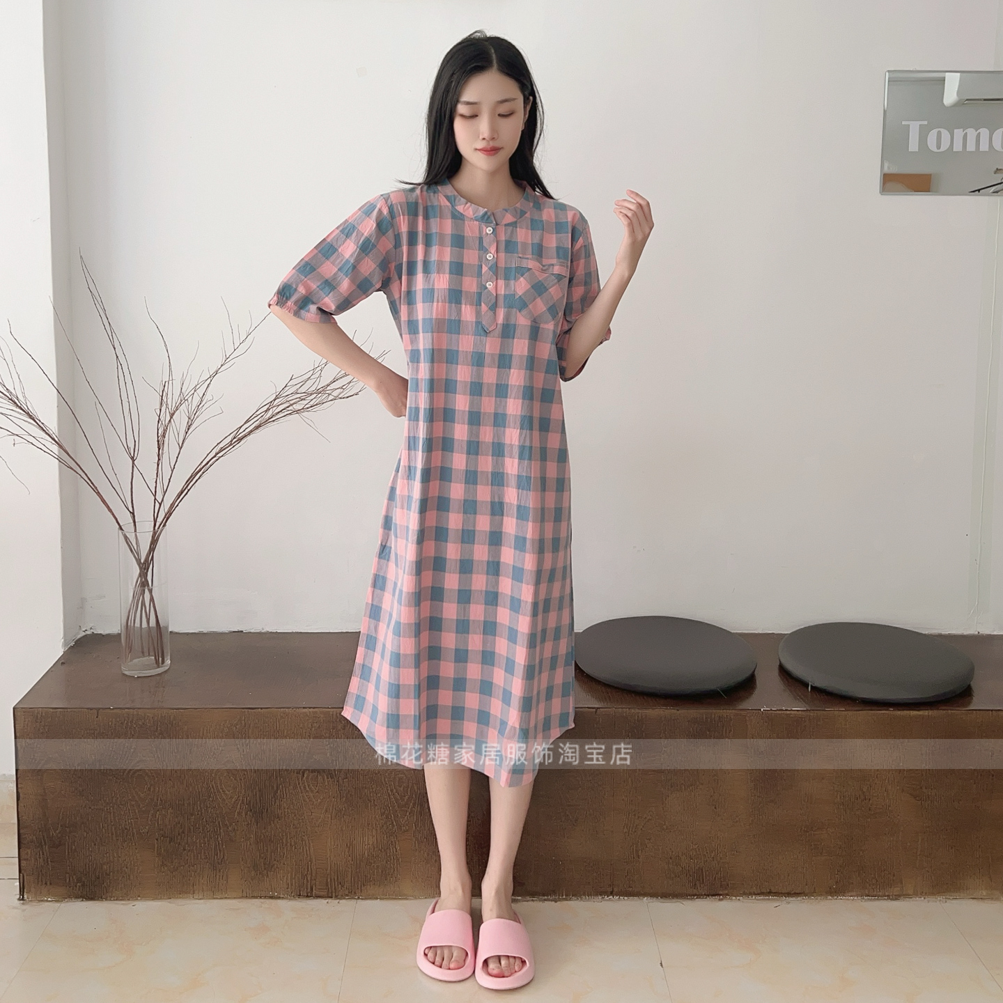 纯棉精梳绉纹水洗棉格子短袖连衣裙睡裙睡衣家居长裙宽松大码夏女