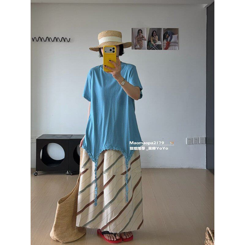 猫姐推荐｜韩版chic设计款立体花朵不规则飘带中长款圆领短袖T恤