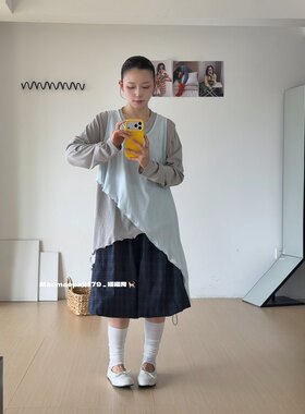 猫姐推荐｜宽松设计款叠穿不规则斜边撞色两件套中长款天丝长袖T