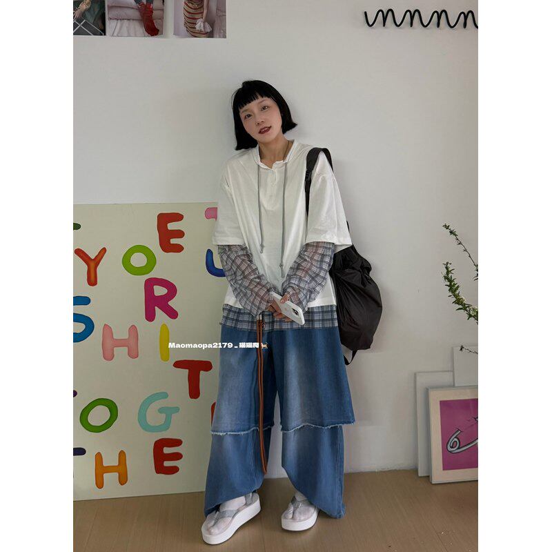 猫姐推荐｜时髦设计款宽松拼接格子网纱立领纽扣抽绳假两件长袖T