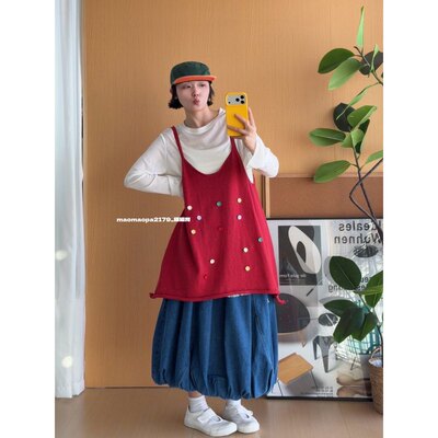 猫姐推荐｜宽松时髦设计款叠穿立体彩扣中长款卷边针织吊带连衣裙