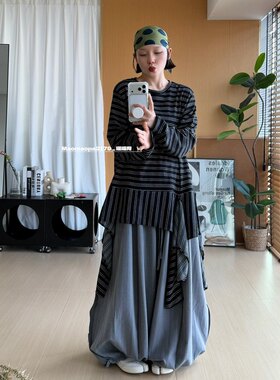 猫姐推荐｜宽松复古小众不规则下摆飘带中长款圆领长袖条纹T内搭