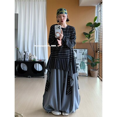 猫姐推荐｜宽松复古小众不规则下摆飘带中长款圆领长袖条纹T内搭