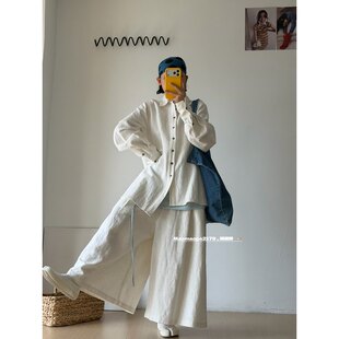 套装 阔腿九分棉麻休闲裤 ｜宽松不规则下摆开叉棉麻衬衫 猫姐推荐