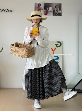 猫姐推荐｜宽松设计款下摆压褶拼接不规则飘带中长款长袖T恤上衣