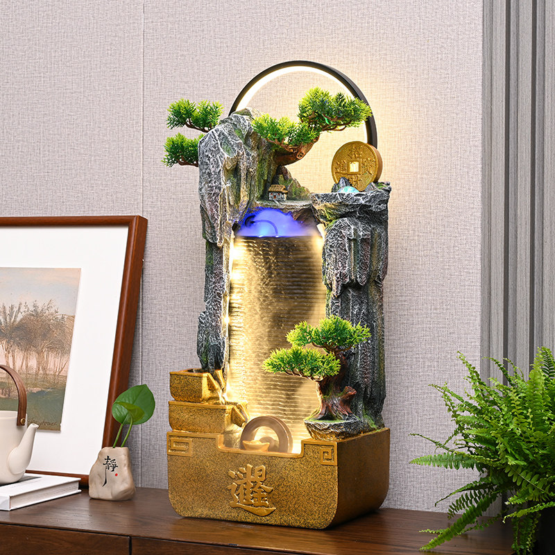 新中式流水生财摆件循环水幕墙客厅办公室招财风水轮开业乔迁礼物