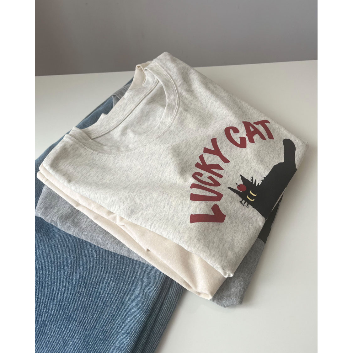 夏季轻薄透气雪花棉T恤 猫咪卡通印花宽松显瘦正肩短袖上衣女