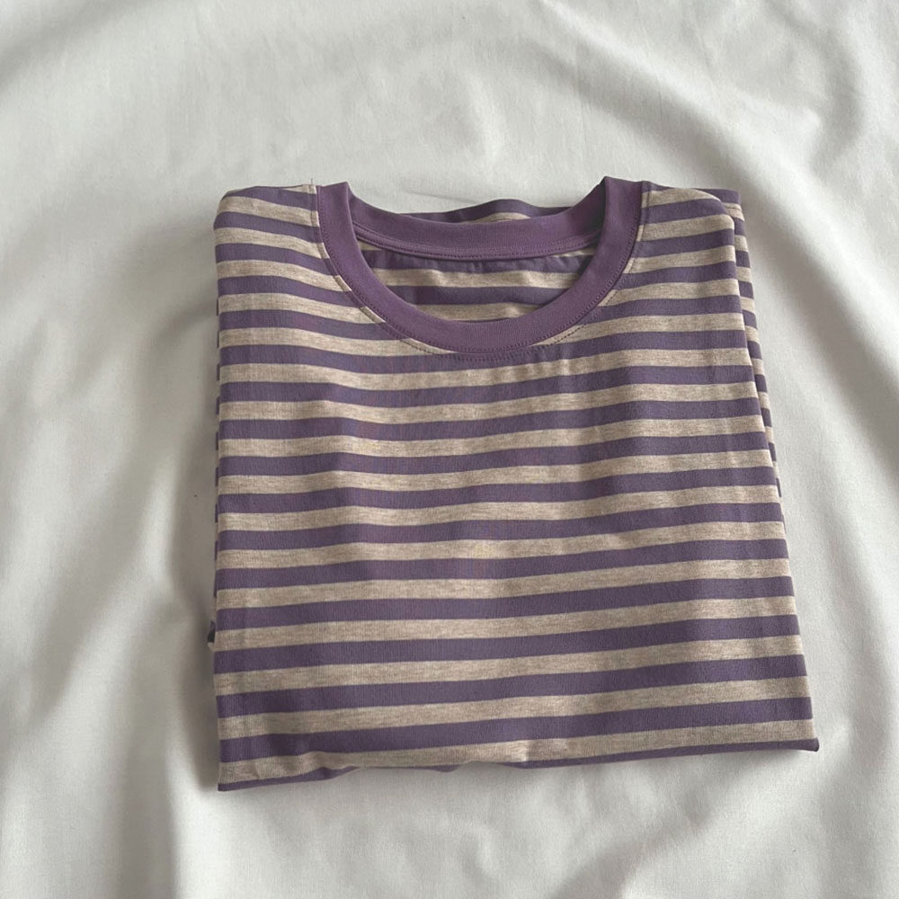 显白衬肤色香芋紫条纹圆领短袖T恤  夏季宽松百搭休闲上衣女
