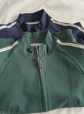 深蓝色/墨绿色立领拉链短外套 秋新款宽松百搭开衫卫衣女