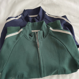 深蓝色 秋新款 宽松百搭开衫 卫衣女 墨绿色立领拉链短外套