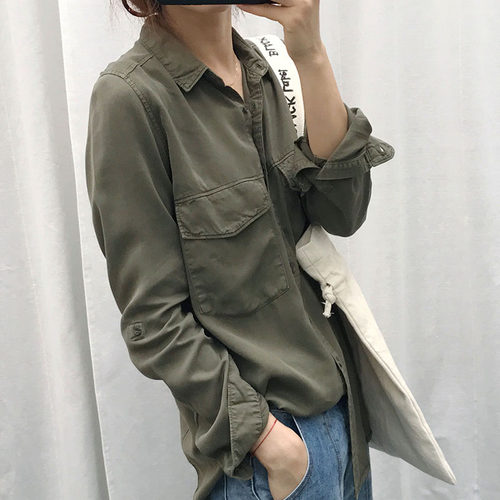 天丝做旧感宽松军绿色长袖衬衫