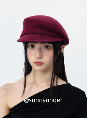 安哥拉红色羊毛马术帽子女春秋冬韩版日系百搭显脸小歪头报童帽潮