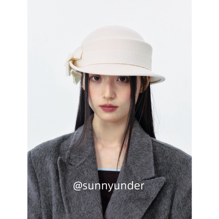 时髦蝴蝶结翘沿羊毛呢马术帽子女春秋冬韩版日系法式优雅复古礼帽