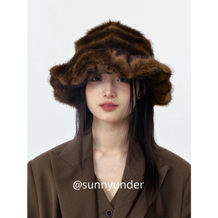 时髦仿貂绒洋气毛绒渔夫帽子女秋冬韩版日系度假防寒保暖盆帽ins