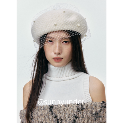 时尚网纱钉珠羊毛呢贝雷帽子女秋冬英伦复古画家帽韩系礼帽潮ins