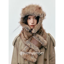 复古棕色仿皮草毛绒帽子围脖二件套女秋冬户外防寒保暖护耳帽围巾