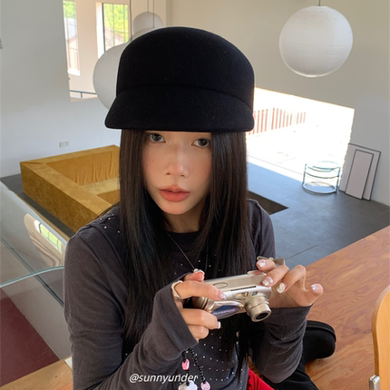 时尚简约小沿马术帽女有型秋冬短沿羊毛呢鸭舌帽子显脸小时尚礼帽