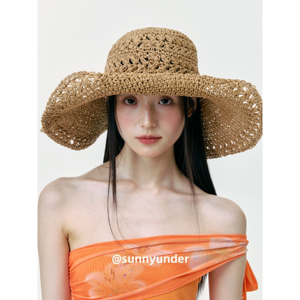 可卷边可折叠大帽檐透气草帽女夏出游遮阳帽子海边沙滩度假太阳帽