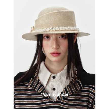 2025早秋花朵仿珍珠千金帽子女春秋韩版日系百搭马术帽潮ins礼帽