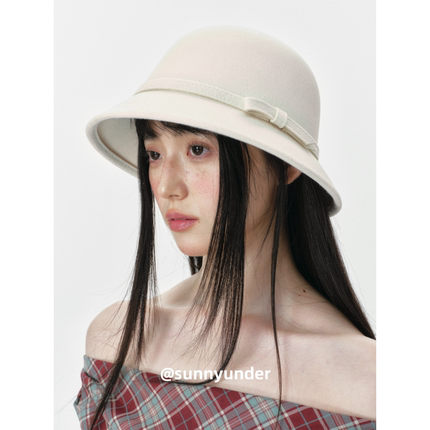 时尚白色羊毛呢渔夫帽子女秋冬韩版日系复古赫本风小沿盆帽礼帽潮