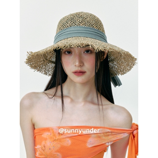 咸草編大帽檐蝴蝶結(jié)草帽女夏季 日系百搭海邊度假海草太陽帽子 韓版