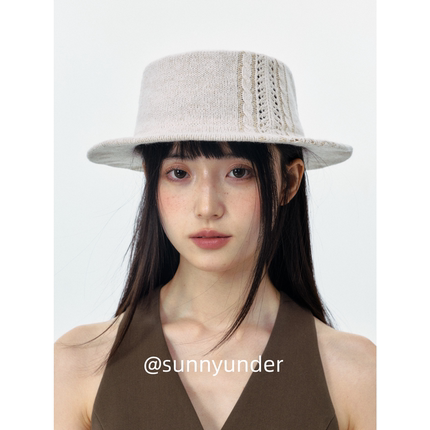 时尚半镂空针织平顶帽子女春秋季韩版日系百搭复古度假礼帽潮ins