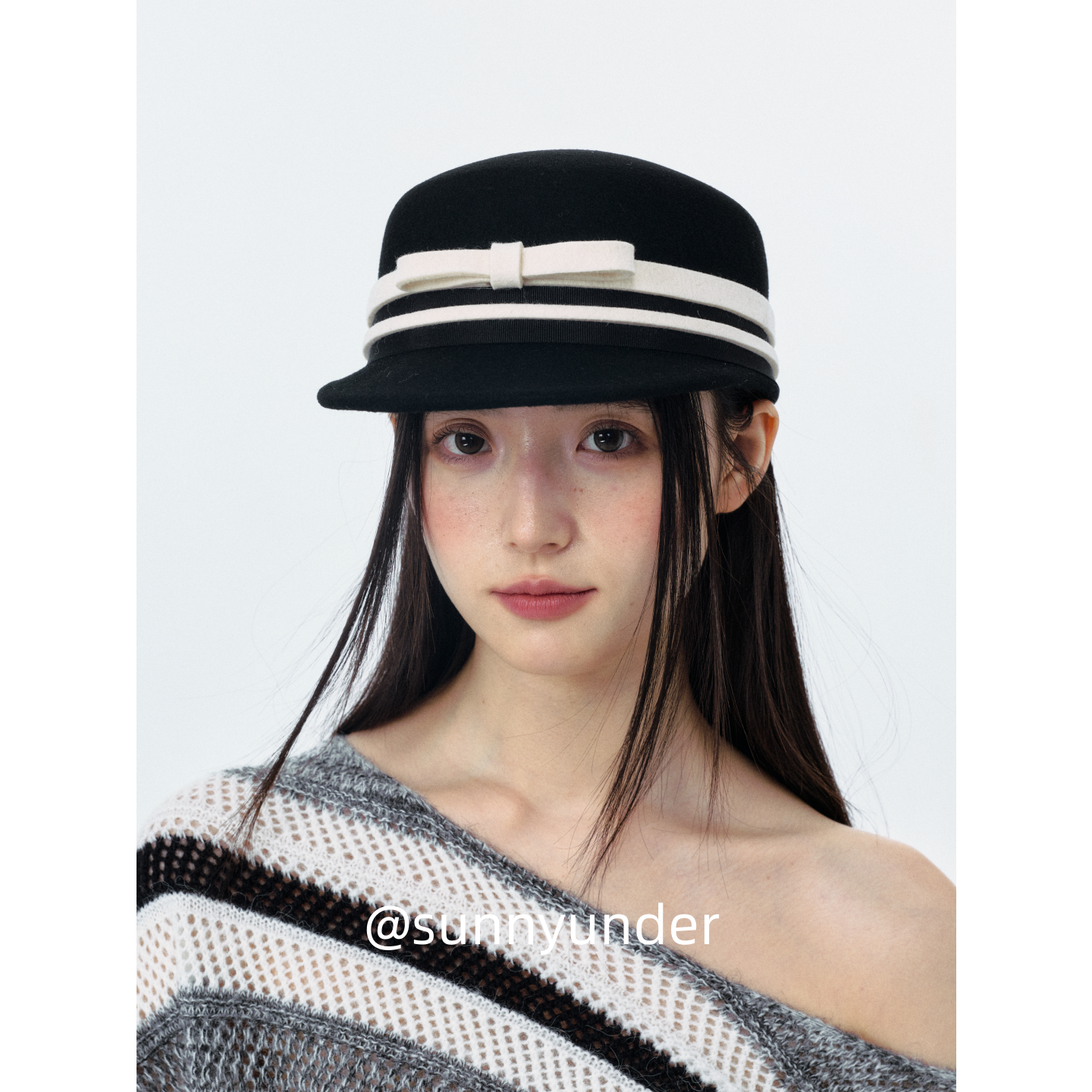 小蝴蝶结条纹平顶鸭舌帽子女春秋冬韩版日系复古显脸小报童帽ins