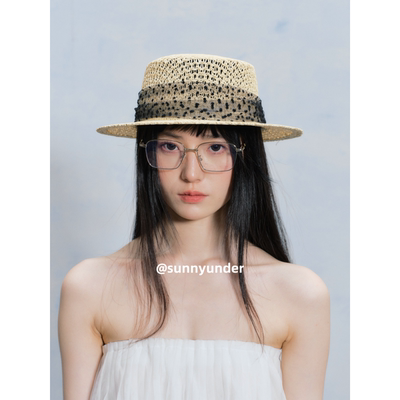 波点蕾丝装饰草编镂空平顶草帽女夏季度假遮阳帽子户外旅游小礼帽