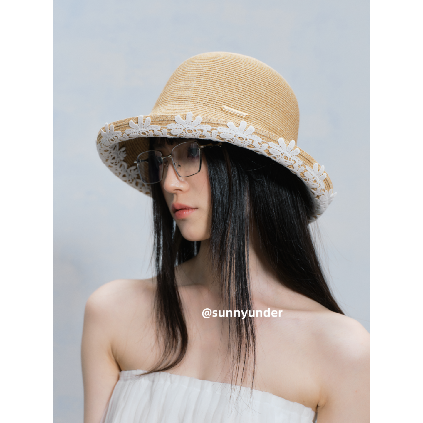 可折叠渔夫帽女白色蕾丝花朵装饰夏季草编草帽女日系度假遮阳帽子